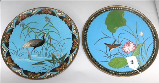 A pair of bird decorated cloisonne plates